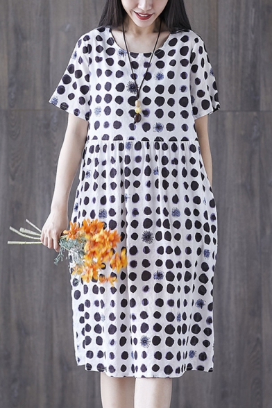 Summer Simple Polka Dot Printed Round Neck Short Sleeve Midi Linen Babydoll Dress