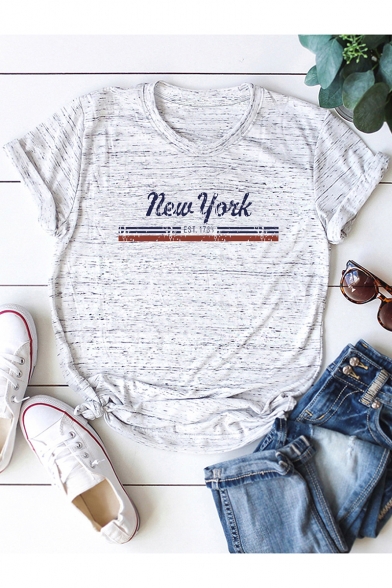 Summer Simple Stripe Letter NEW YORK Printed Short Sleeve Cotton T-Shirt
