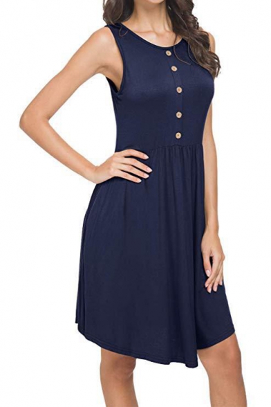 Summer Solid Color Round Neck Button Front Casual Midi A-Line Tank Dress