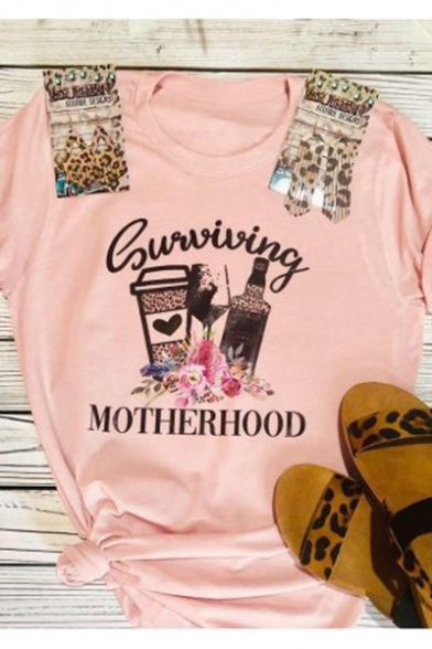 Surviving Motherhood Letter Bottle Floral Print Pink Round Neck Short Sleeve Tee