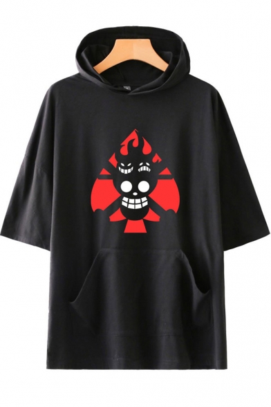 Trendy Comic Fire Skull Printed Loose Casual Short Sleeve Hooded T-Shirt