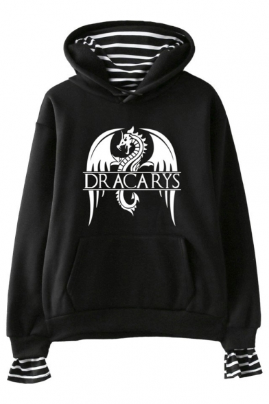 Trendy Dragon Letter DRACARYS Print Fake Two-Piece Long Sleeve Loose Fit Hoodie