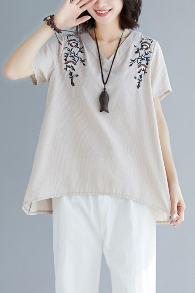 Trendy Embroidered Floral Print V Neck Short Sleeve Oversized Linen Tee