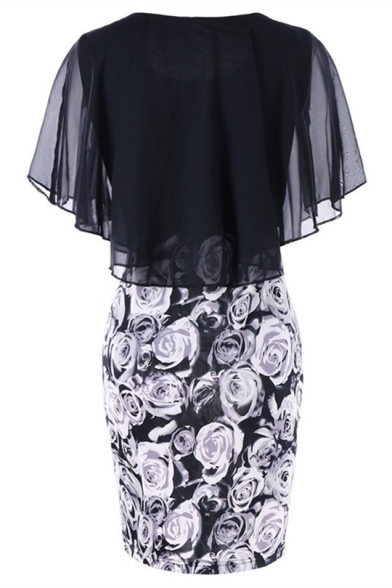 Trendy Floral Print Chiffon Patch Short Sleeve Ruffles Round Neck Midi Dress
