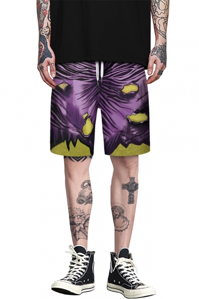 Trendy Purple 3D Printed Drawstring Waist Mens Casual Loose Swim Trunks
