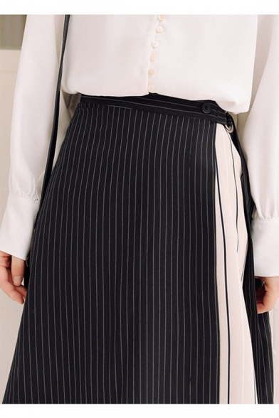 Trendy Striped Pattern Patched Detail Bow-Tied Side High Rise Midi A-Line Skirt
