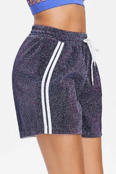 Unique Glitter Light Blue Fashion Stripe Side Drawstring Waist Sport Loose Shorts for Women