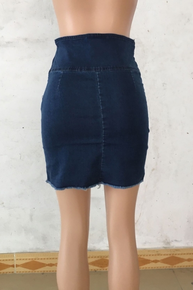 Unique Grommet Lace-Up High Waist Raw Hem Mini Stretch Fit Bodycon Blue Denim Skirt