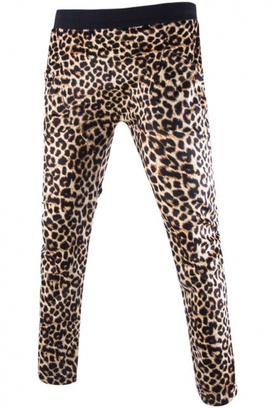 Unique Leopard Print Elastic Waist Slim Lounge Pants for Men