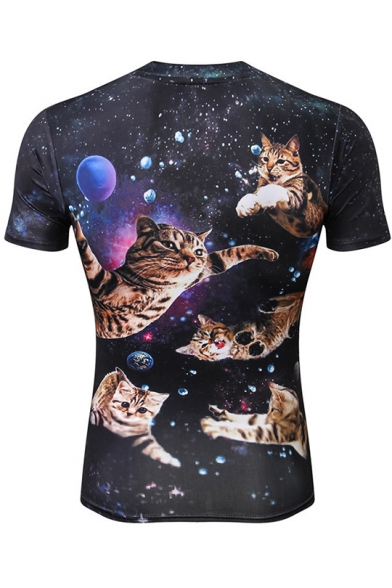 Unique Men's Galaxy Cat 3D Print Round Neck Short Sleeve Black Fitted Stretch T-Shirt