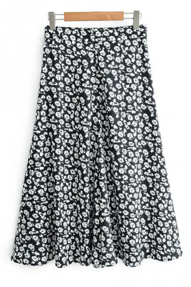 Vintage Black and White Floral Printed High Waist Long Flowy Skirt
