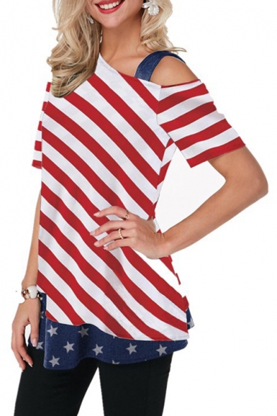 Women's Color Block Stripe Star Flag Print One Shoulder Short Sleeve Tee