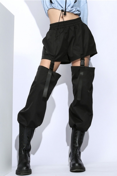 Women's Cool Street Fashion Elastic Waist Buckle Cut Out Drawstring Cuff Black Military Harem Pants