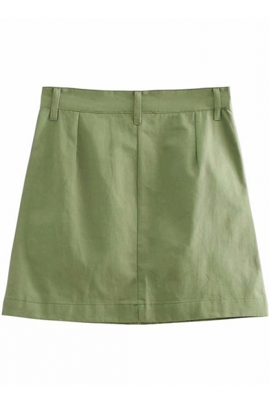 Women's Fancy Solid Color High Waist Large Pocket Side Military Mini A-Line Skirt