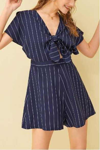 Women's Fashion Blue Striped Printed Knotted V-Neck Short Sleeve Romper