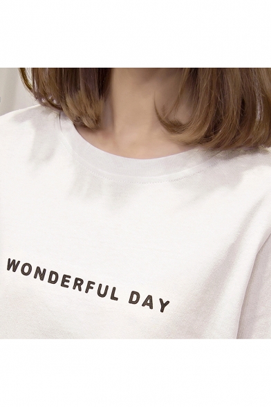 Women's Funny WONDERFUL DAY Letter Round Neck Short Sleeve Split Side Longline T-Shirt
