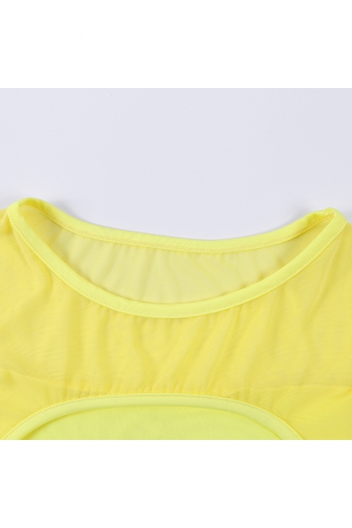 Women's Hot Fashion Plain Printed Cut Out Round Neck Short Sleeve Mesh Mini Bodycon Dress