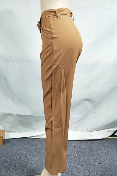 Women's New Stylish Belted Waist High Rise Solid Color Capri Business Suit Pants