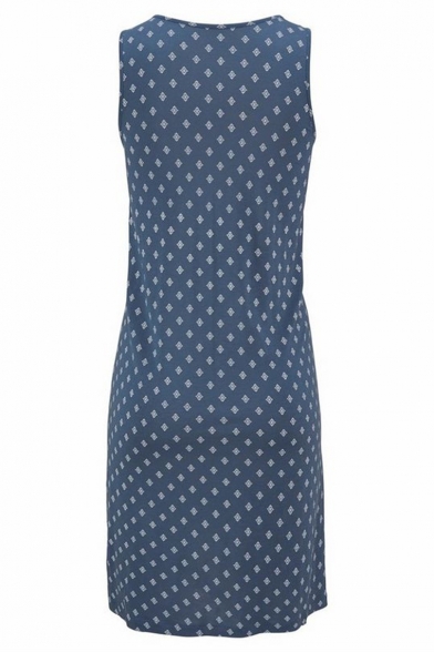 Women's New Trendy Blue Boho Print Scoop Neck Sleeveless Mini Holiday Dress