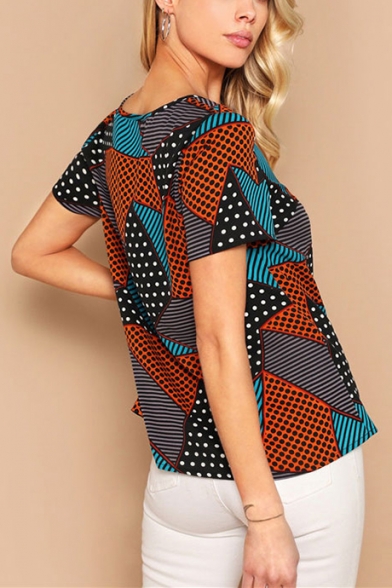 Women's New Trendy Color Block Geometric Printed Round Neck Short Sleeve Tee