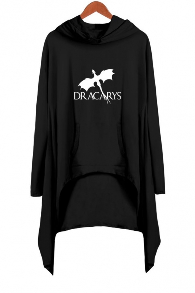 Women's Popular Dragon Dracarys Printed Long Sleeve Shift Hooded Asymmetrical Dress