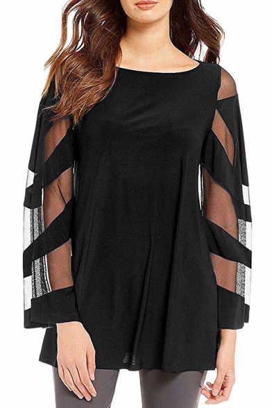 Women's Solid Color Round Neck Mesh Panel Long Sleeve Casual Loose Chiffon Blouse Top