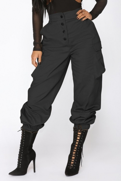 Women's Street Style Solid Color Flap Pocket Side Button-Fly Elastic Cuff Cargo Pants