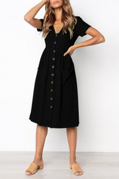 Women's Summer Chic Elegant V-Neck Short Sleeve Button Front Plain Midi A-Line Dress