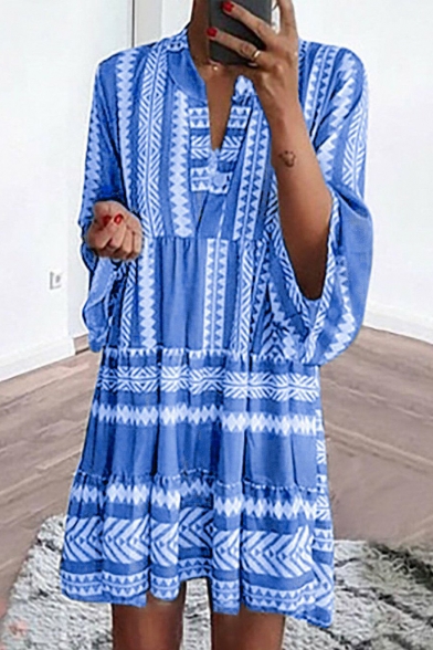 Women's Summer Geometric Printed V-Neck Long Sleeve Mini Swing Dress
