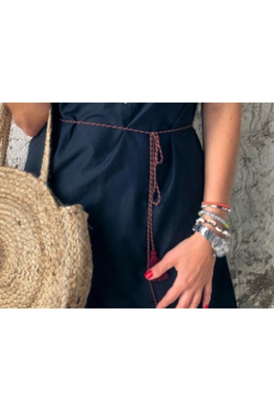 Women's Summer Tribal Printed Hem V-Neck Short Sleeve Tied Waist Mini A-Line Navy Dress