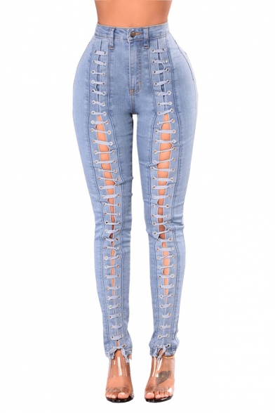 Womens Cool Stylish Eyelet Lace-Up Cutout Light Blue Skinny Fit Jeans