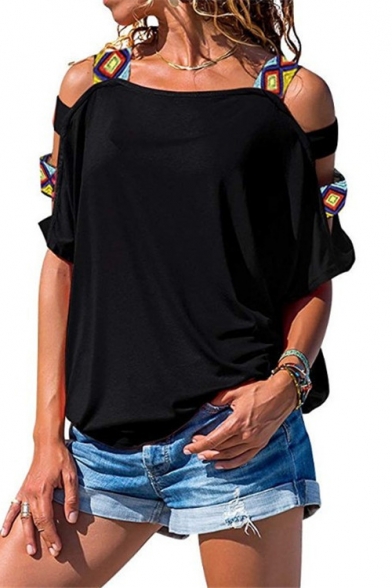 Womens Fashion Cold Shoulder Cut Out Half Sleeve Geometric Printed T-Shirt