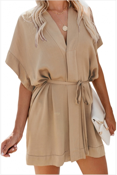 Womens Fashion Solid Color V-Neck Short Sleeve Tied Waist Mini Shirt Dress