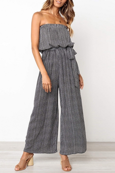 Womens Fashion Summer Vertical Stripe Printed Strapless Bow-Tied Waist Wide-Leg Jumpsuits