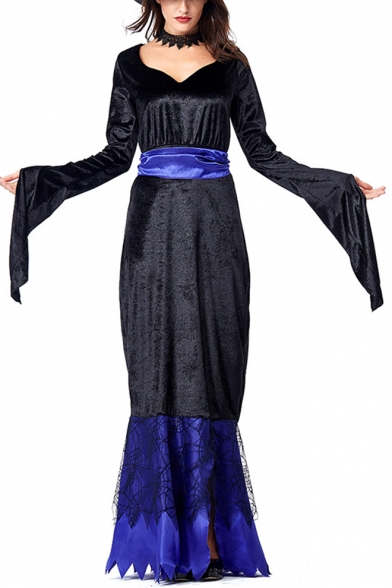 Womens Halloween Cool Black Witch Cosplay Costume Extra Long Sleeve Maxi Party Dress