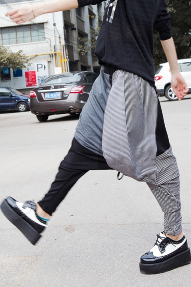 Womens Hip Hop Street Fashion Unique Patchwork Drop-Crotch Baggy Harem Pants