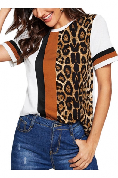 Womens New Fashion Leopard Printed Basic Short Sleeve Casual Tee