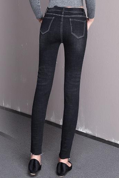 Womens New Fashion Solid Color Destroyed Ripped Stretch Skinny Fit Jeans