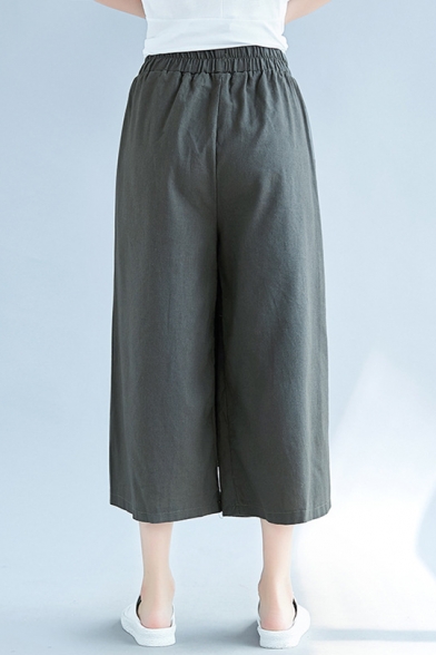 Womens New Stylish Unique Button Front Elastic Waist Linen Loose Cropped Culotte Pants