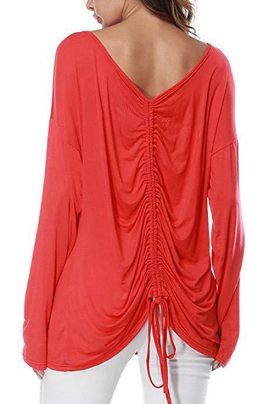 Womens New Trendy Basic Solid Color V-Neck Long Sleeve Drawstring Front Casual Tee