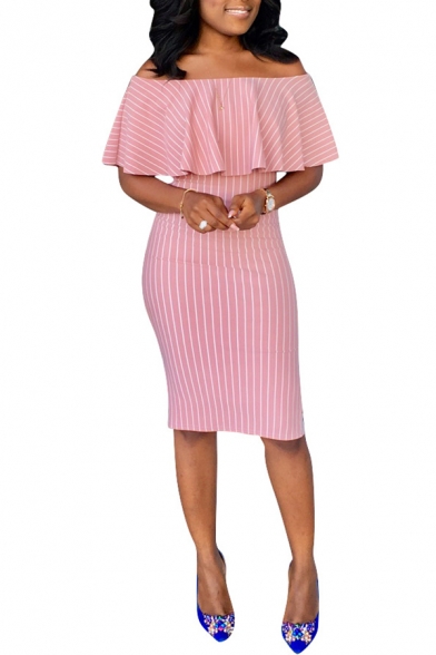 Womens Pink Off the Shoulder Ruffle Sleeve Stripe Midi Bodycon Dress