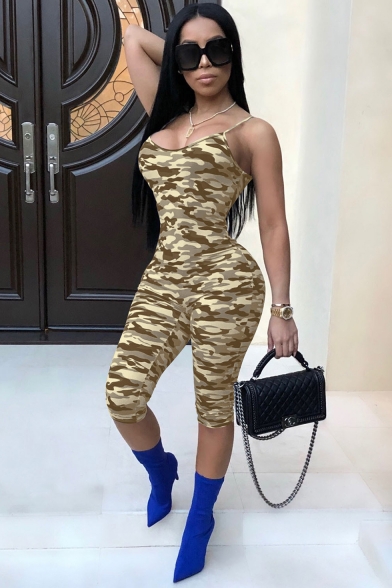 Womens Sexy Fashion Camo Printed Spaghetti Straps Skinny Fit Romper Jumpsuit