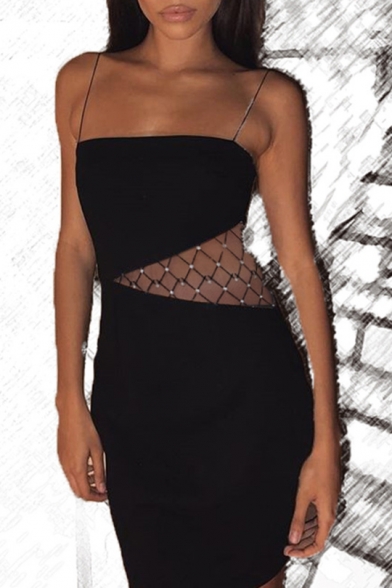 Womens Sexy Grid Mesh Hollow Out Black Mini Strap Dress Night Club Bodycon Dress