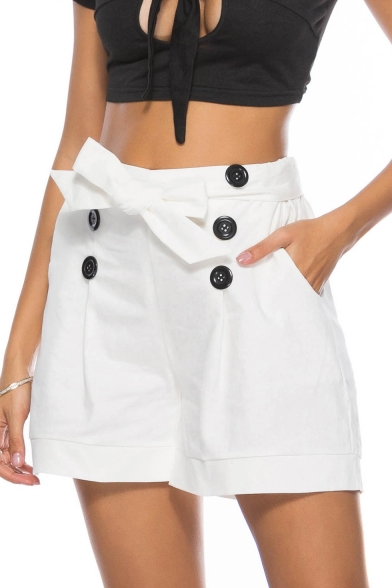 Womens Summer Chic Solid Color White Double Breasted Front Bow-Tied Waist Wide Leg Shorts