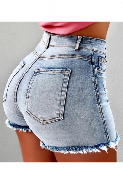 Womens Summer Hot Popular High Rise Fringed Hem Hot Pants Skinny Denim Shorts