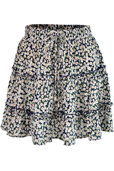 Womens Summer Trendy Floral Polka Dot Printed Tied Waist Mini A-Line Beach Skirt