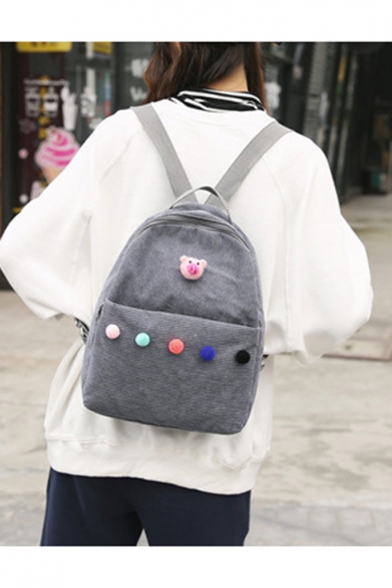 Big Capacity New Cartoon Animal Plush Balls Embellishment Corduroy Leisure School Bag Backpack for Girls 32*26*12 CM