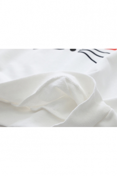 Cartoon Cat I LOVE Letter Printed Round Neck Striped Long Sleeve White Sweatshirt