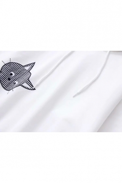Cartoon Cat Printed Embroidered Drawstring Long Sleeve Hoodie