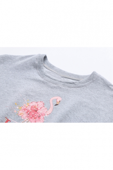 Cartoon Floral Flamingo Print TROPICAL Letter Round Neck Long Sleeve Cotton Sweatshirt